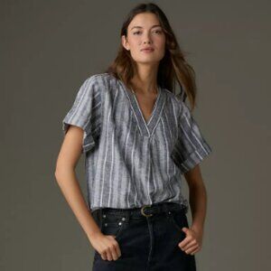 Anthropologie Pilcro Women's Linen Henley Surf Striped Shirt Size XS Gray